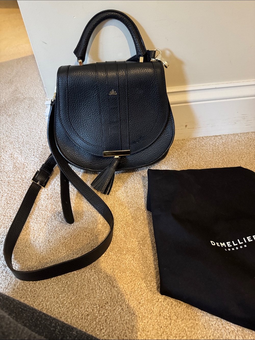 DeMellier Black Pebbled Leather Crossbody Satchel with Tassel